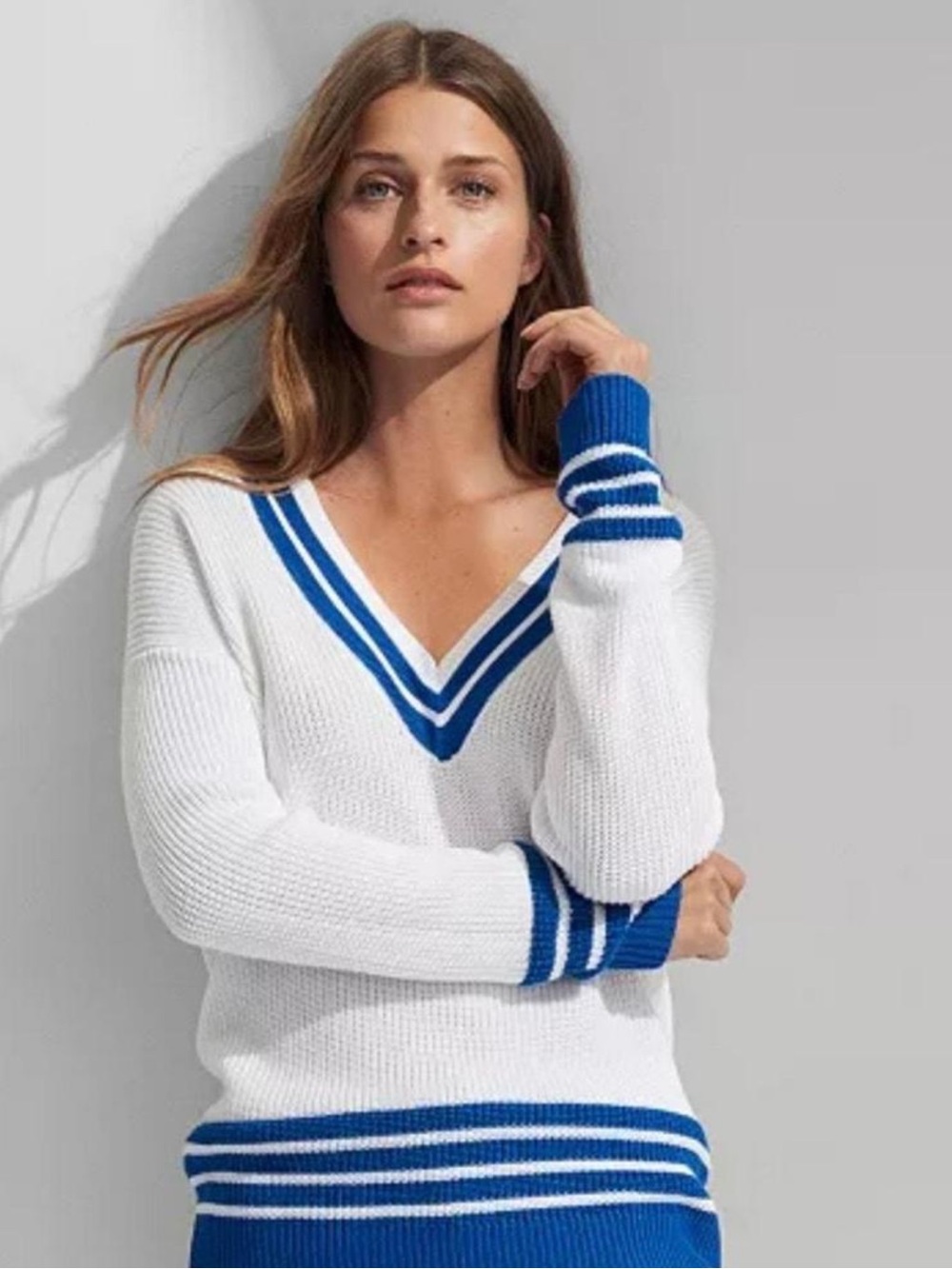 Lauren Ralph Lauren White V-Neck Sweater with Blue Trim